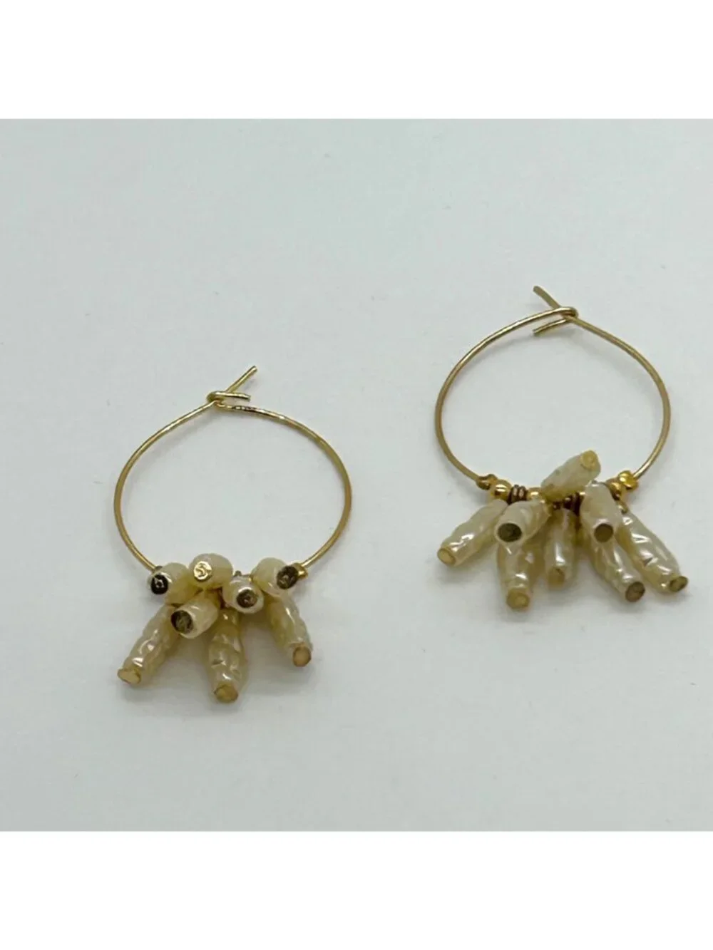 Vintage Gold Tone Hoop Earrings With White Acrylic Stick Pearl Clusters